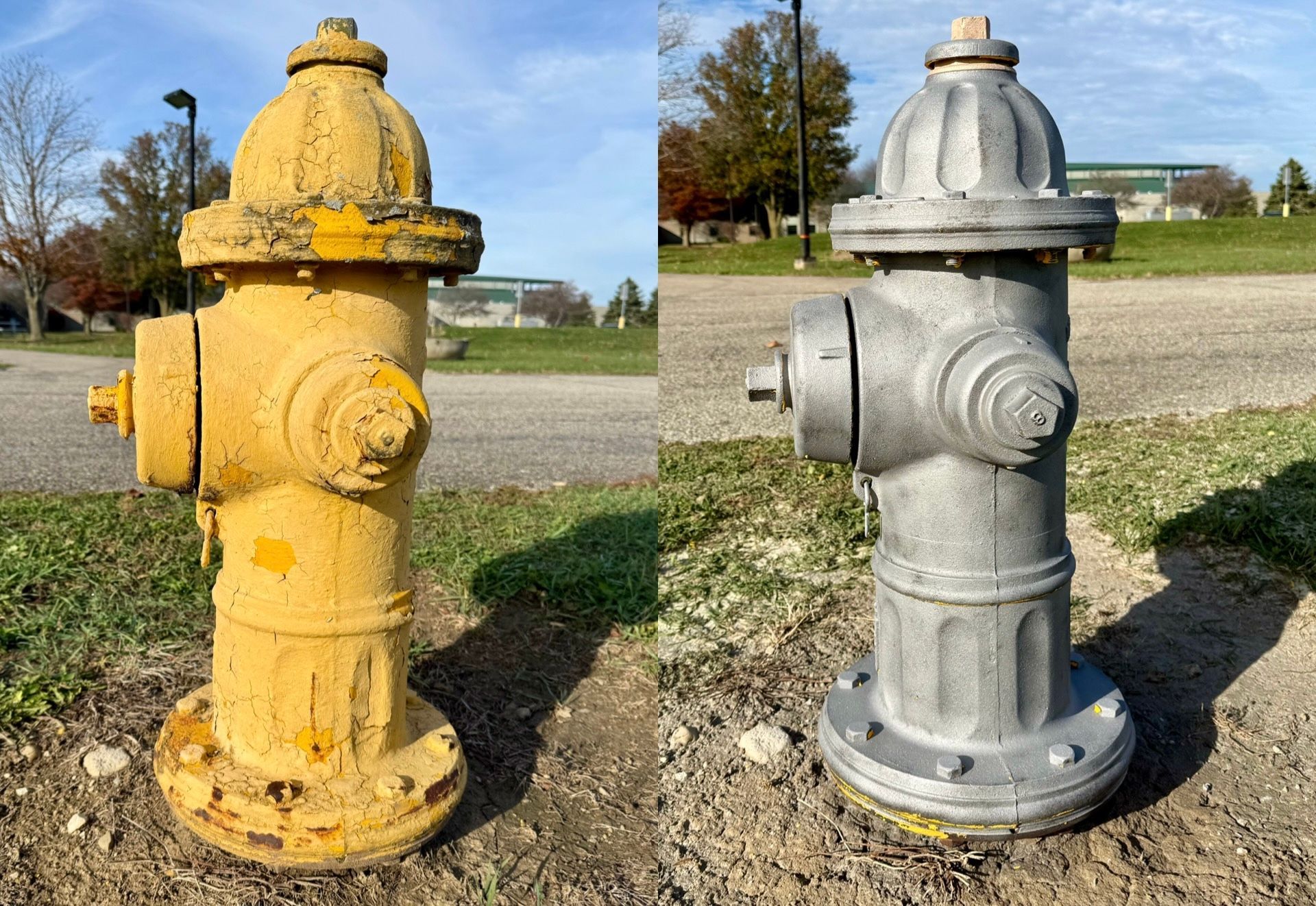 Before and after of sandblasted fire hydrant