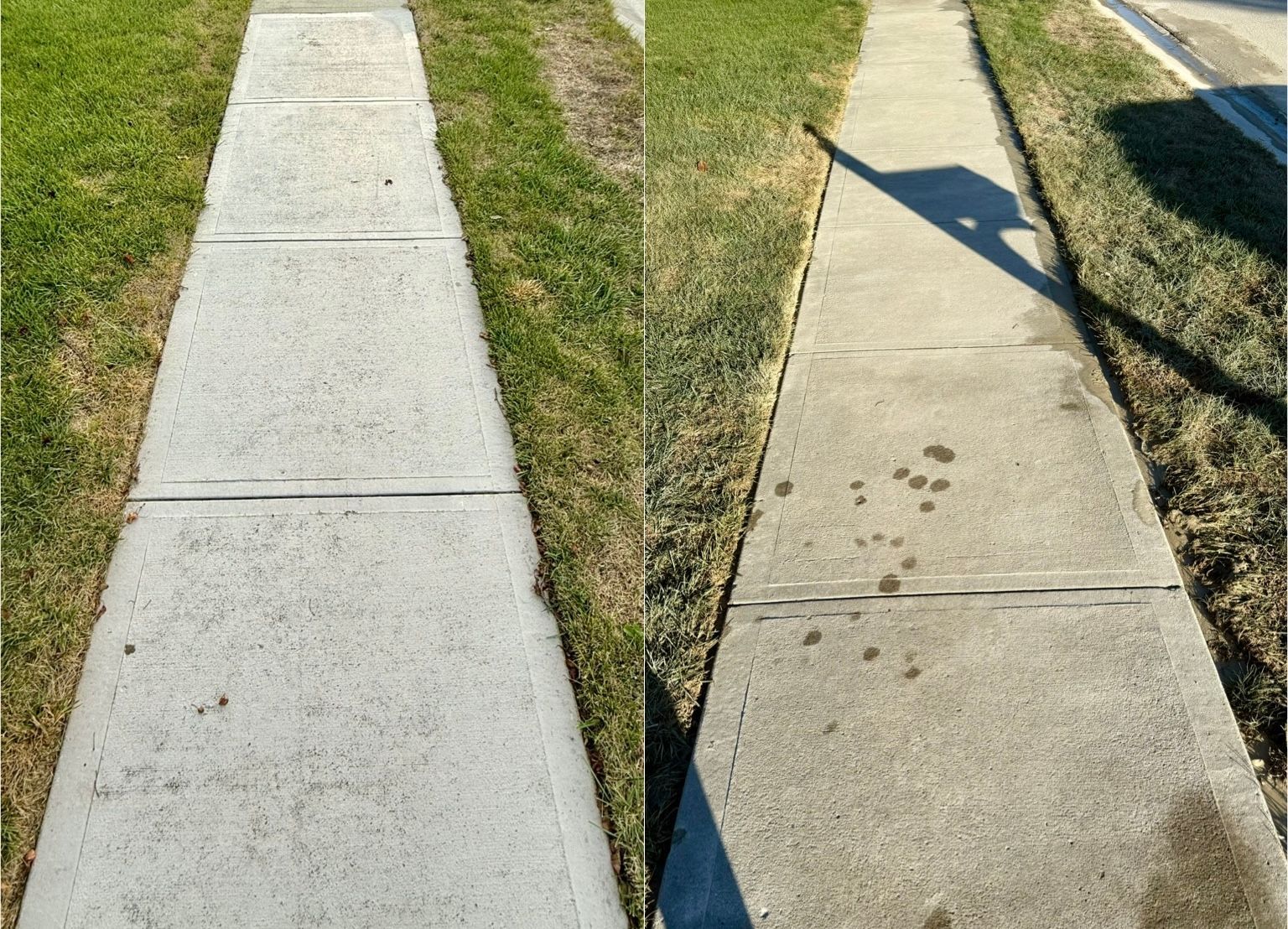 Before and after of sandblasting paint from concrete sidewalk