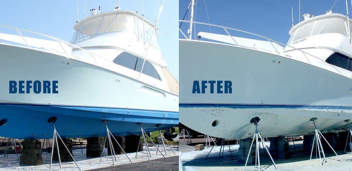Two pictures of a boat before and after being painted