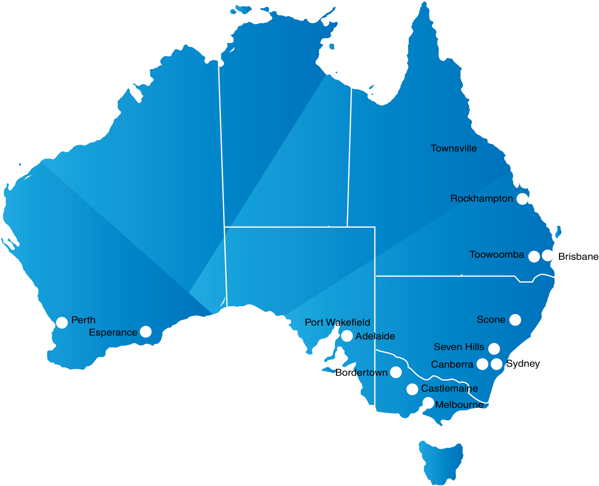 A blue map of australia showing the states and cities