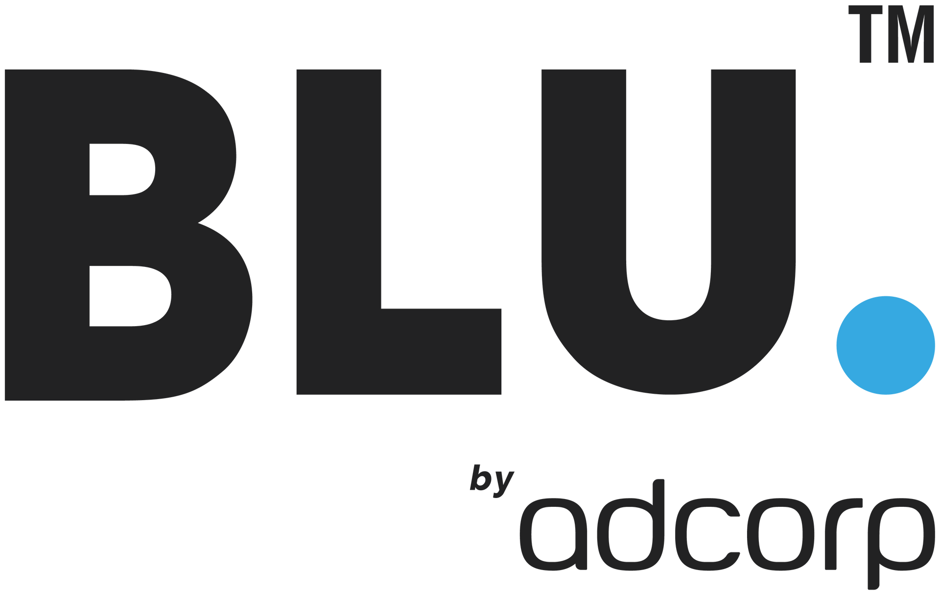 The logo for blu by adcorp is black and blue.