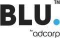 The logo for blu by adcorp is black and blue.
