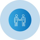 Two people are shaking hands in a blue circle.