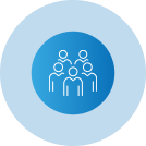 A group of people standing next to each other in a blue circle.