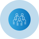 A group of people standing next to each other in a blue circle.