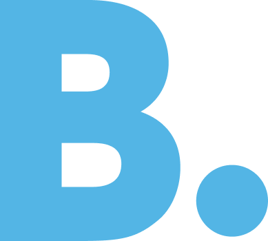 A blue letter b with a white circle around it on a white background.