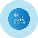 A blue circle with a conveyor belt and gears inside of it.