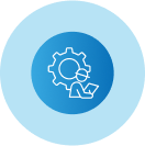 A blue circle with a gear and a person in it.