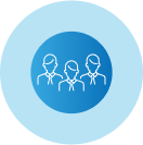 Three men are standing next to each other in a blue circle.