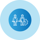 A couple of people standing next to each other in a blue circle.