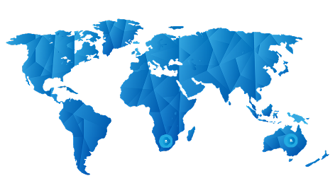 A blue and white map of the world on a white background