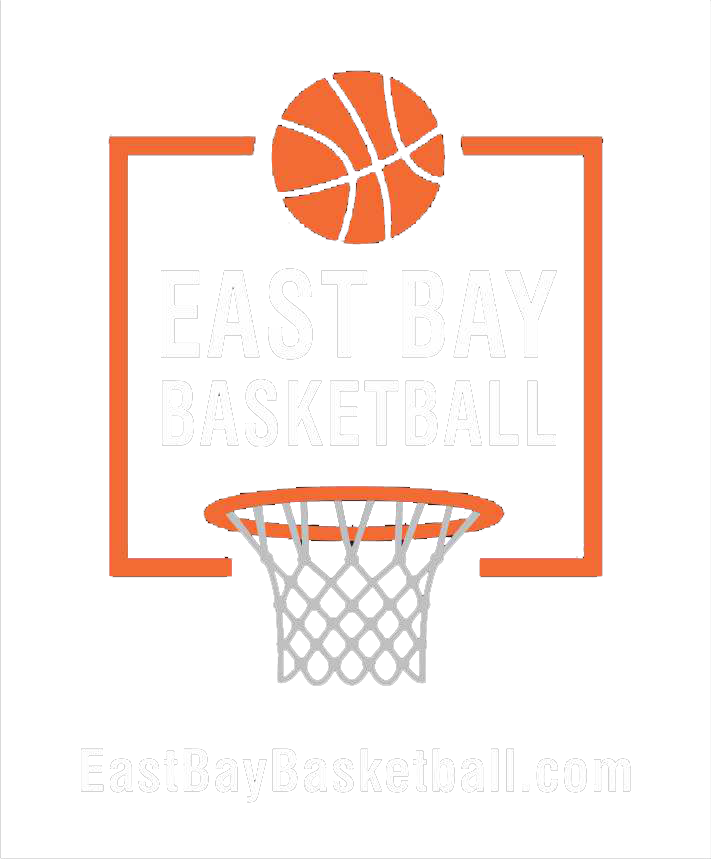 Orange basketball logo with the text "EAST BAY BASKETBALL" inside a rectangular frame, over a net, with the URL below.