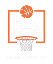 Orange basketball logo with the text "EAST BAY BASKETBALL" inside a rectangular frame, over a net, with the URL below.