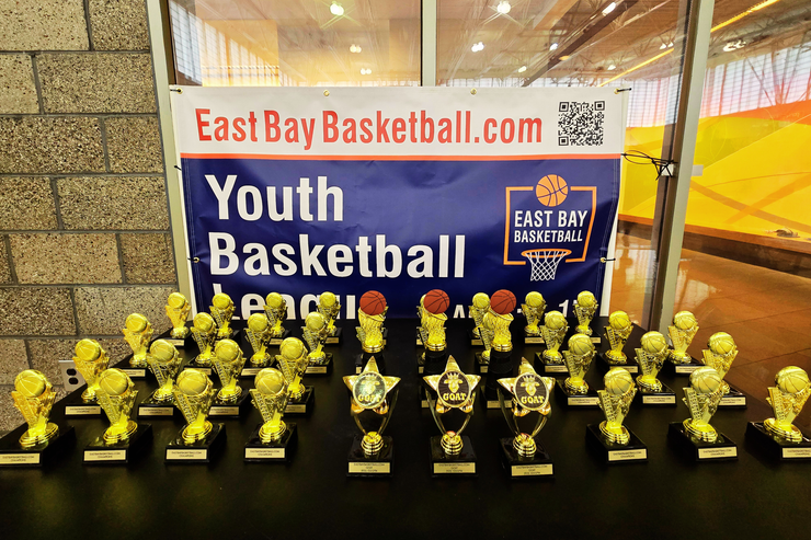 A banner for the East Bay Basketball youth league displayed behind a table covered in numerous gold-colored trophies.