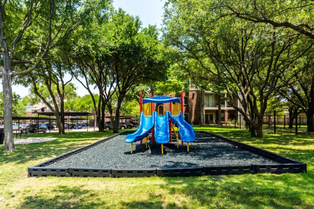 A playground in the middle of the community park surrounded by trees at Marquis at Legacy in Plano, TX.
