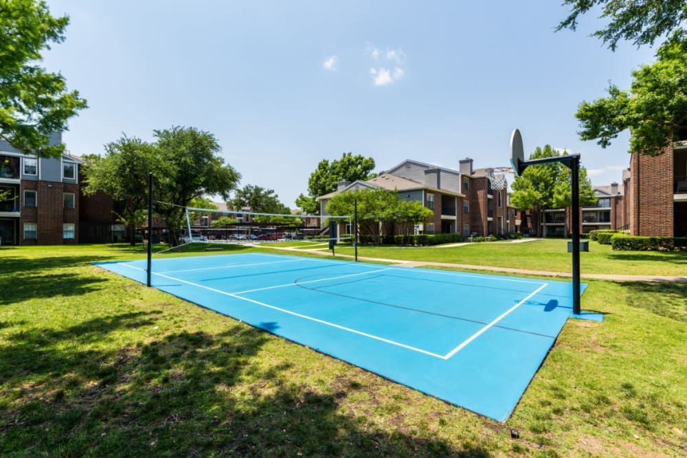 A blue basketball court in the community park with apartment buildings in the background at Marquis at Legacy in Plano, TX.