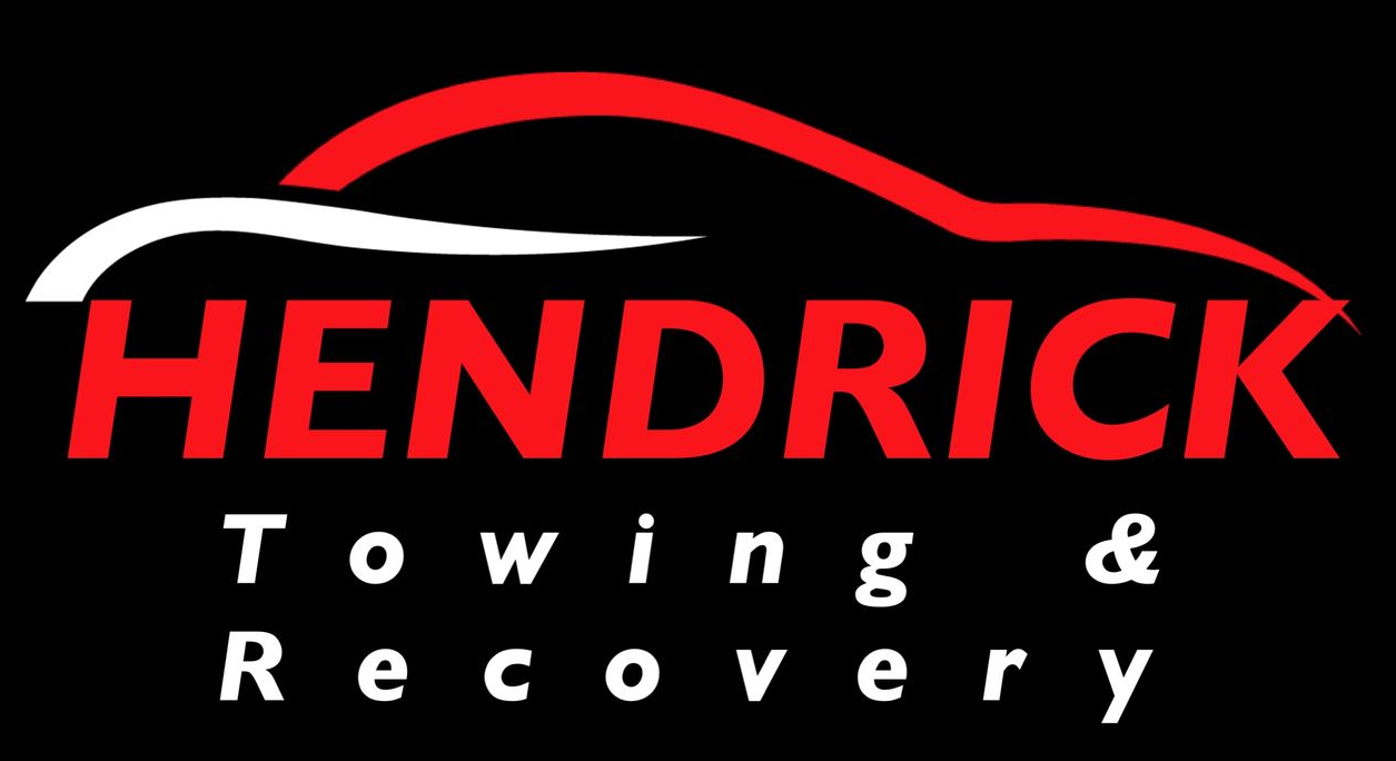 Hendrick Towing & Recovery logo with a red car outline and white text on a black background.