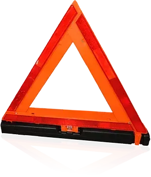 Orange and red reflective warning triangle, used for roadside emergencies.