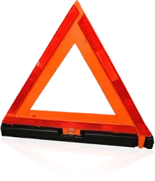 Orange and red reflective warning triangle, used for roadside emergencies.