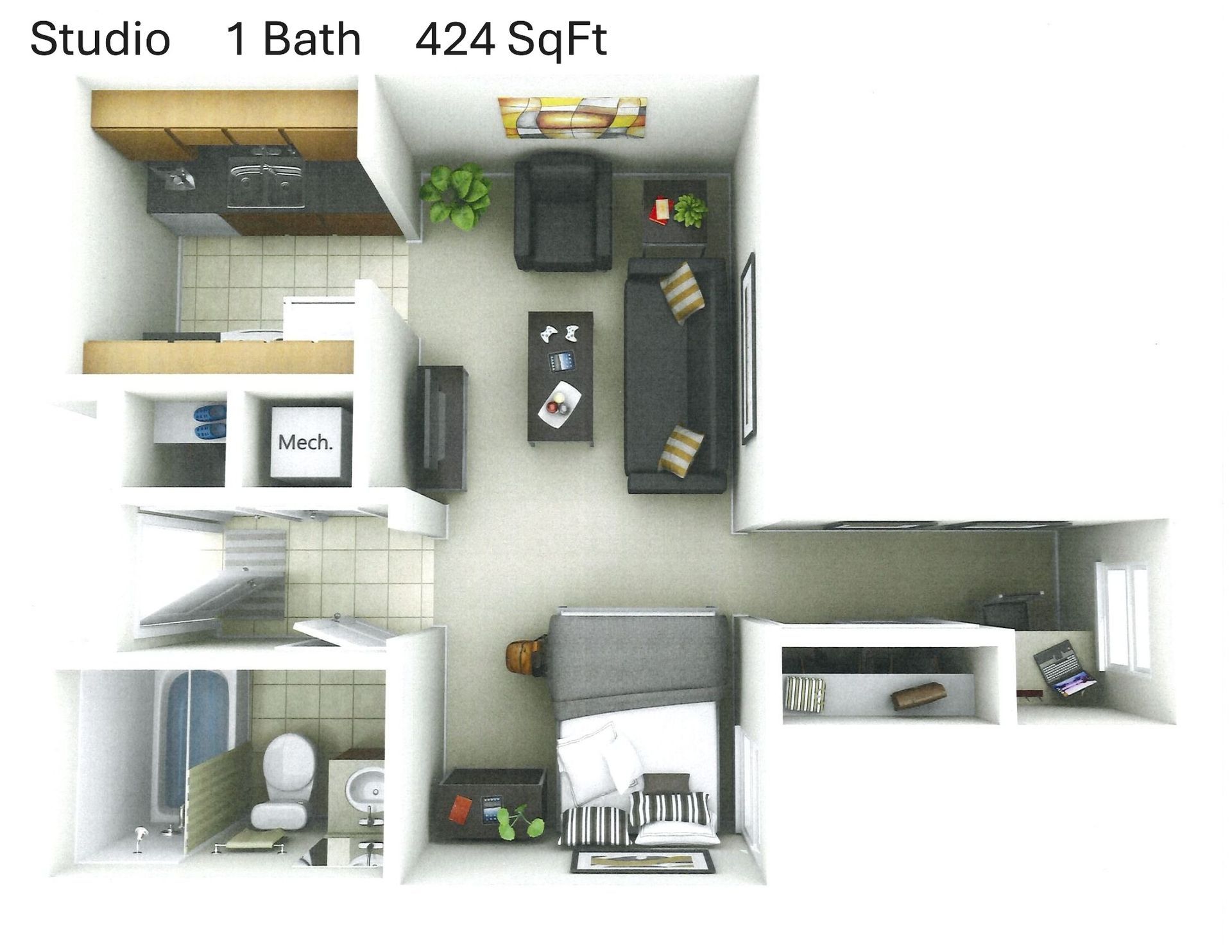 Studio apartment floor plan at Hawks Ridge in Iowa City