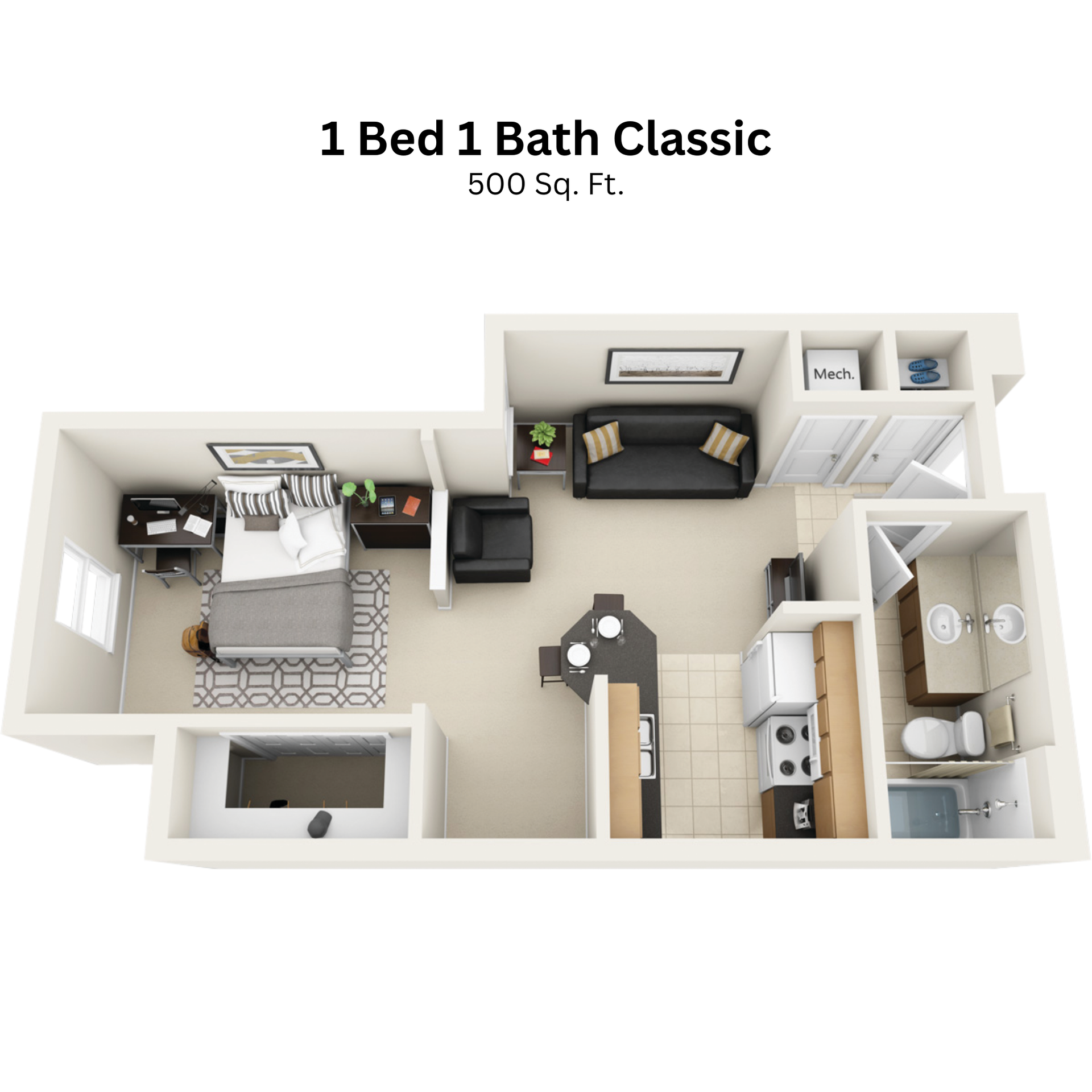 1 bedroom 1 bathroom classic apartment floor plan