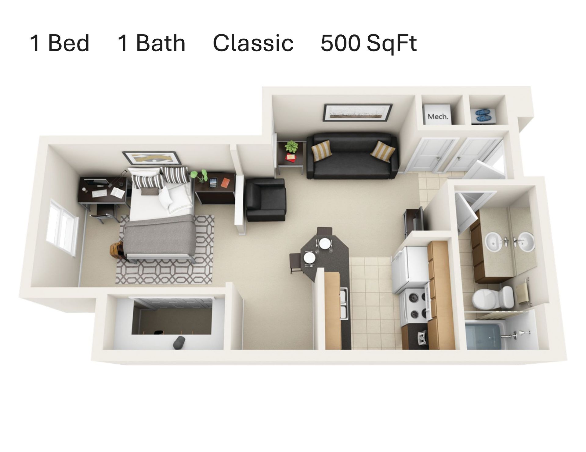 One bedroom student apartment floor plan at Hawks Ridge Iowa City
