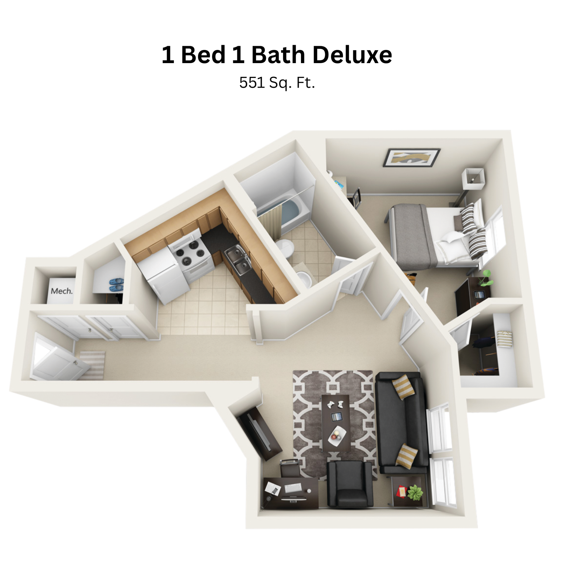 1 bedroom 1 bathroom deluxe apartment floor plan