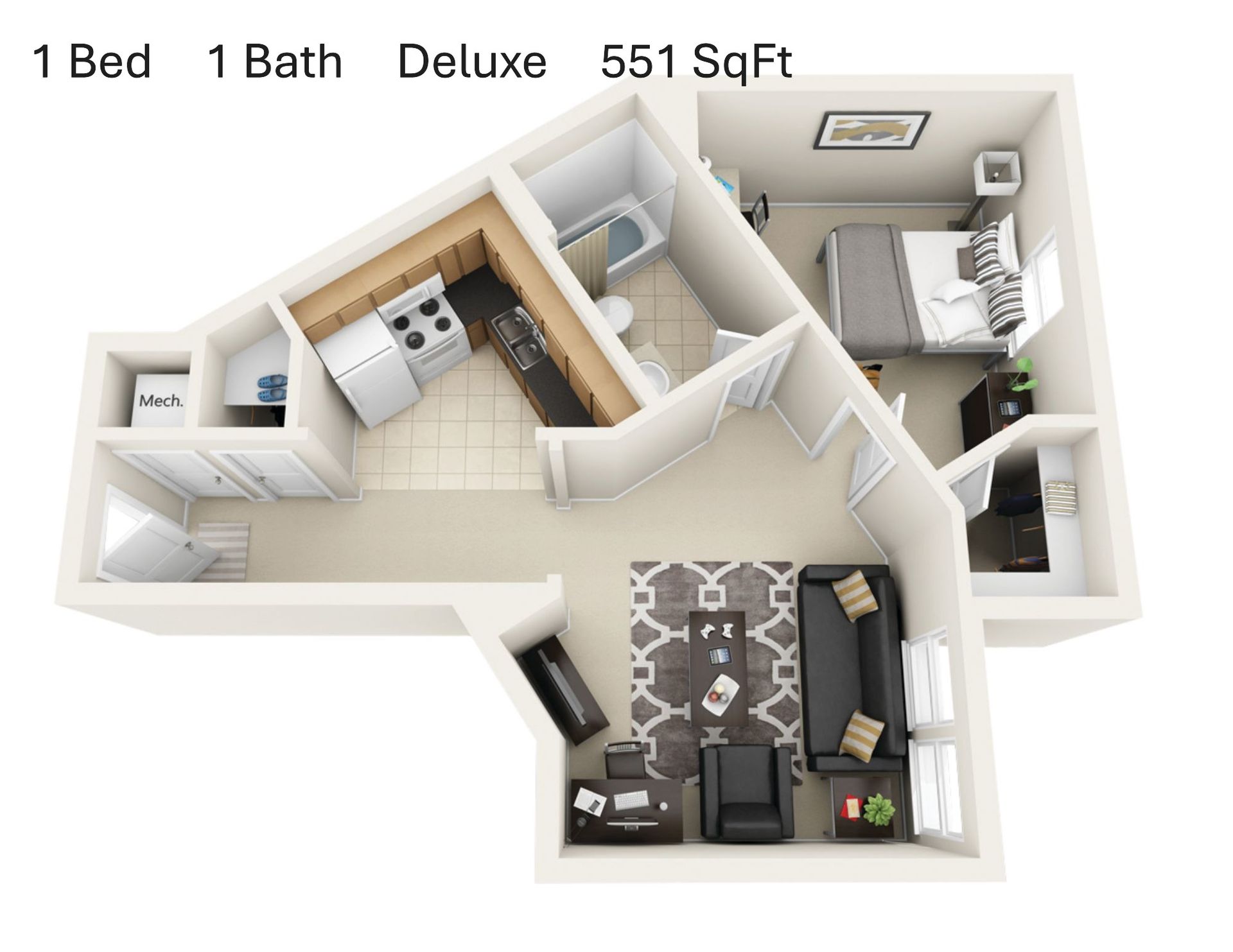 Hawks Ridge one bedroom floor plan with private bedroom and living area