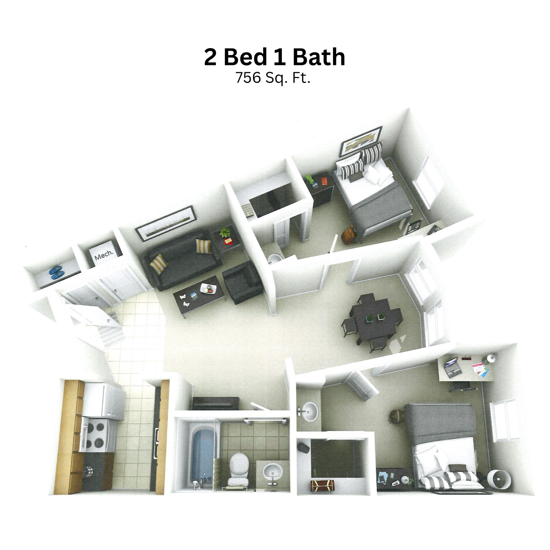 2 bedroom 1 bathroom apartment floor plan