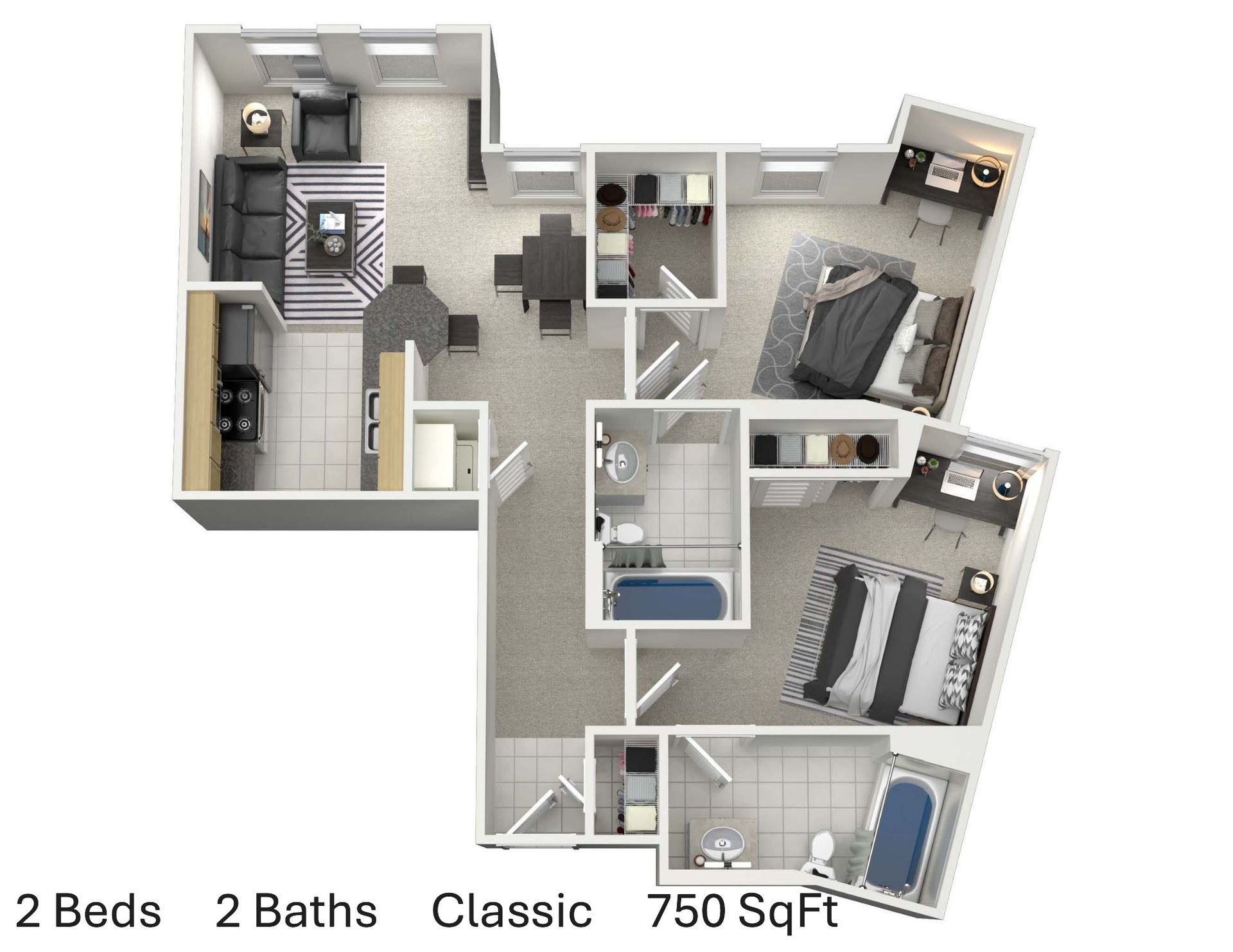 Visual floor plan for two bedroom student apartment at Hawks Ridge