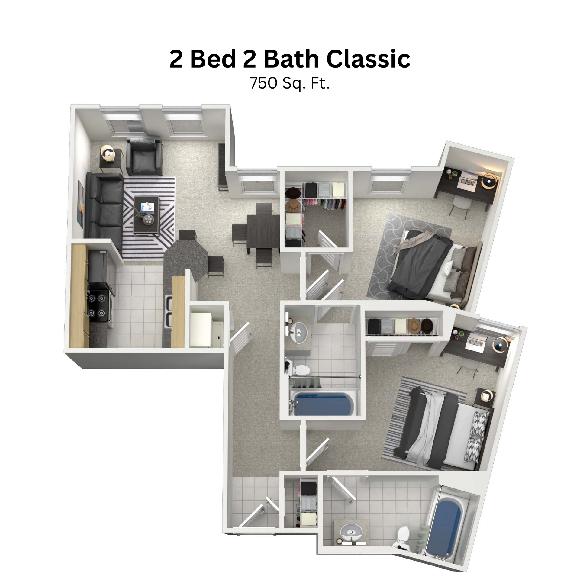 2 bedroom 2 bathroom classic apartment floor plan