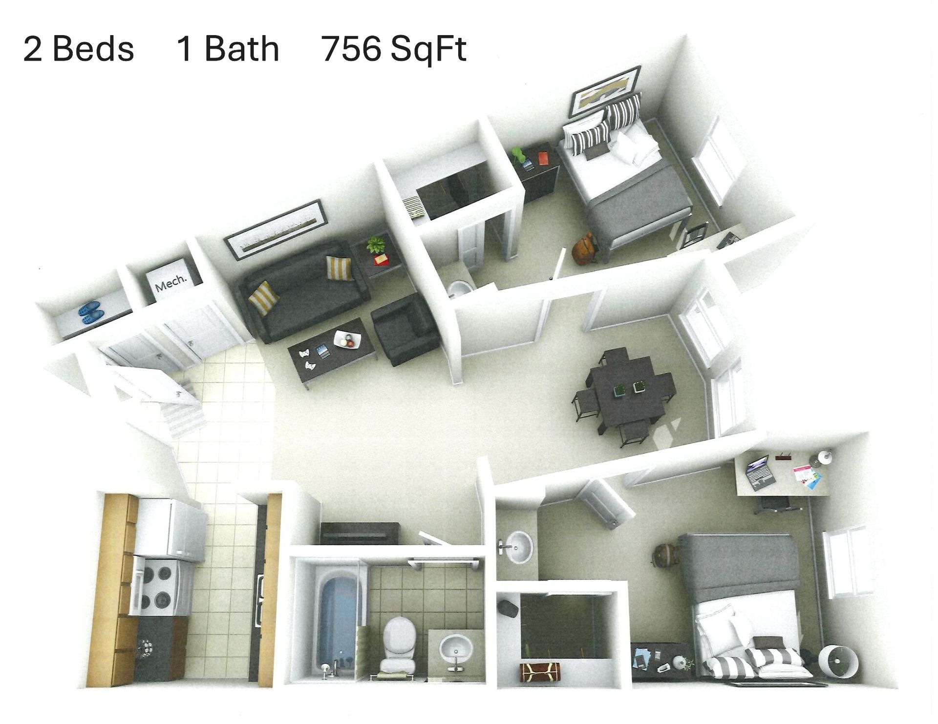 Spacious two bedroom layout designed for student living near UIowa
