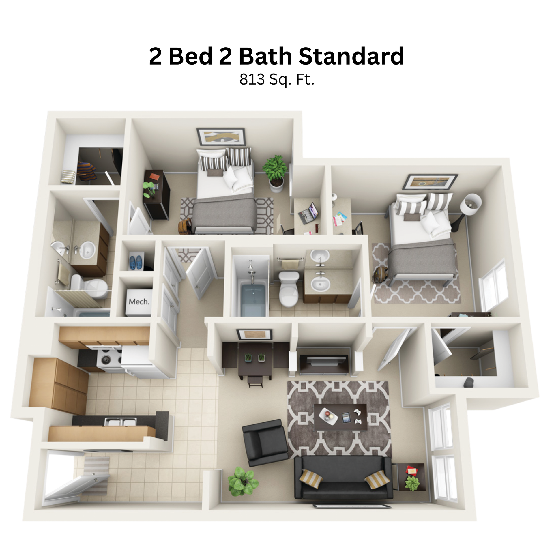 2 bedroom 2 bathroom standard apartment floor plan