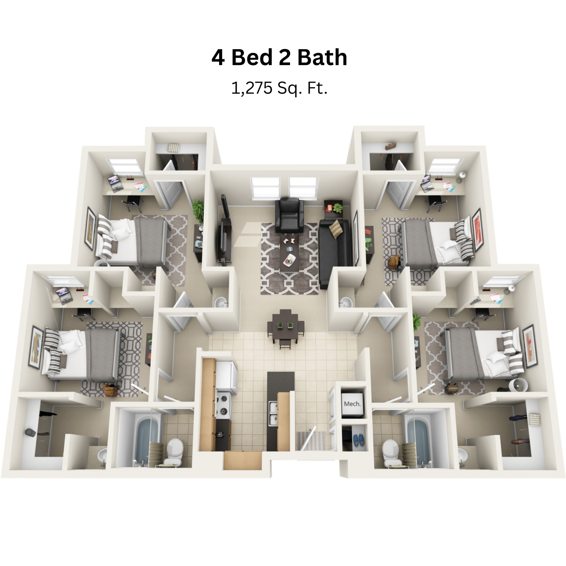 4 bedroom 2 bathroom apartment floor plan – 1,275 sq ft layout