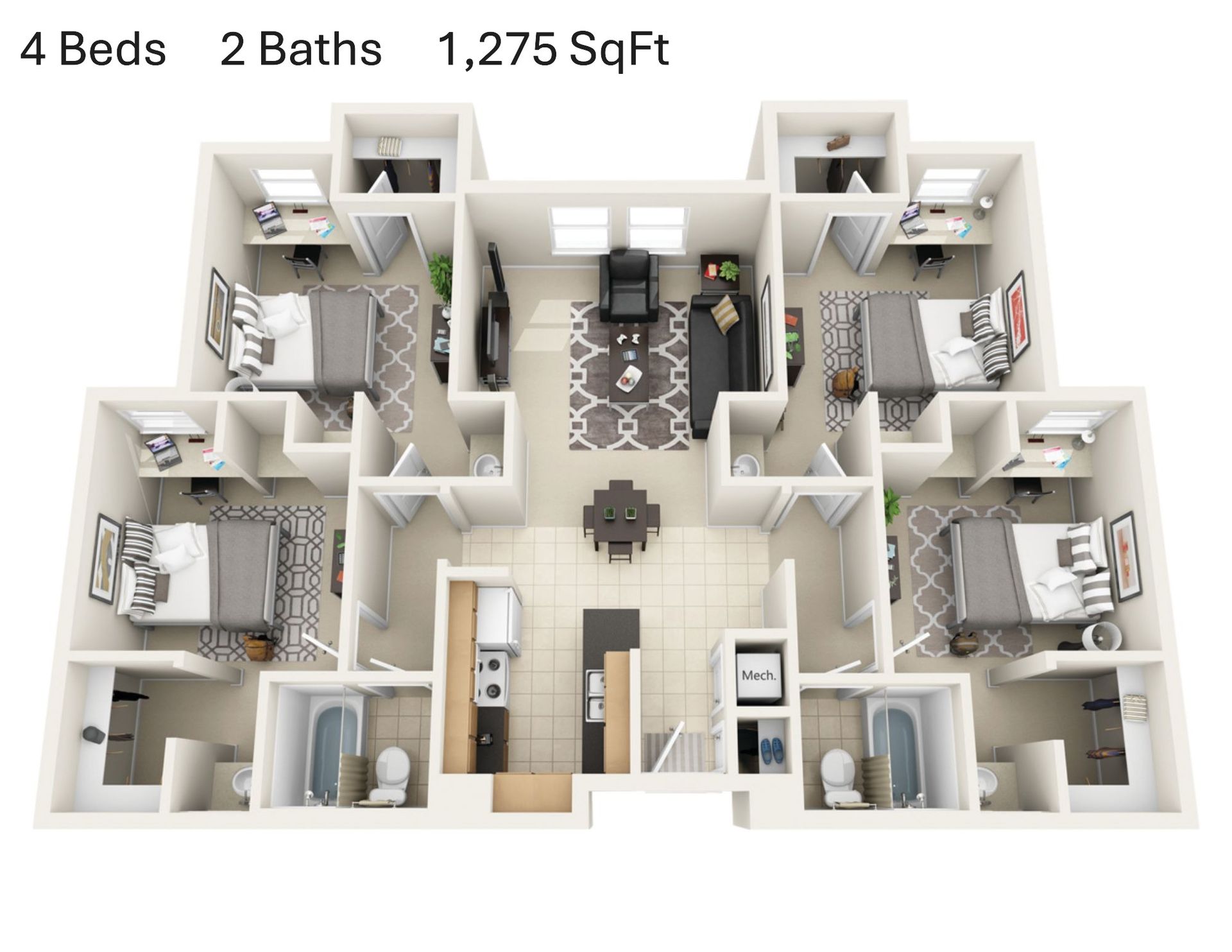 Four bedroom two bathroom student apartment floor plan at Hawks Ridge Iowa City