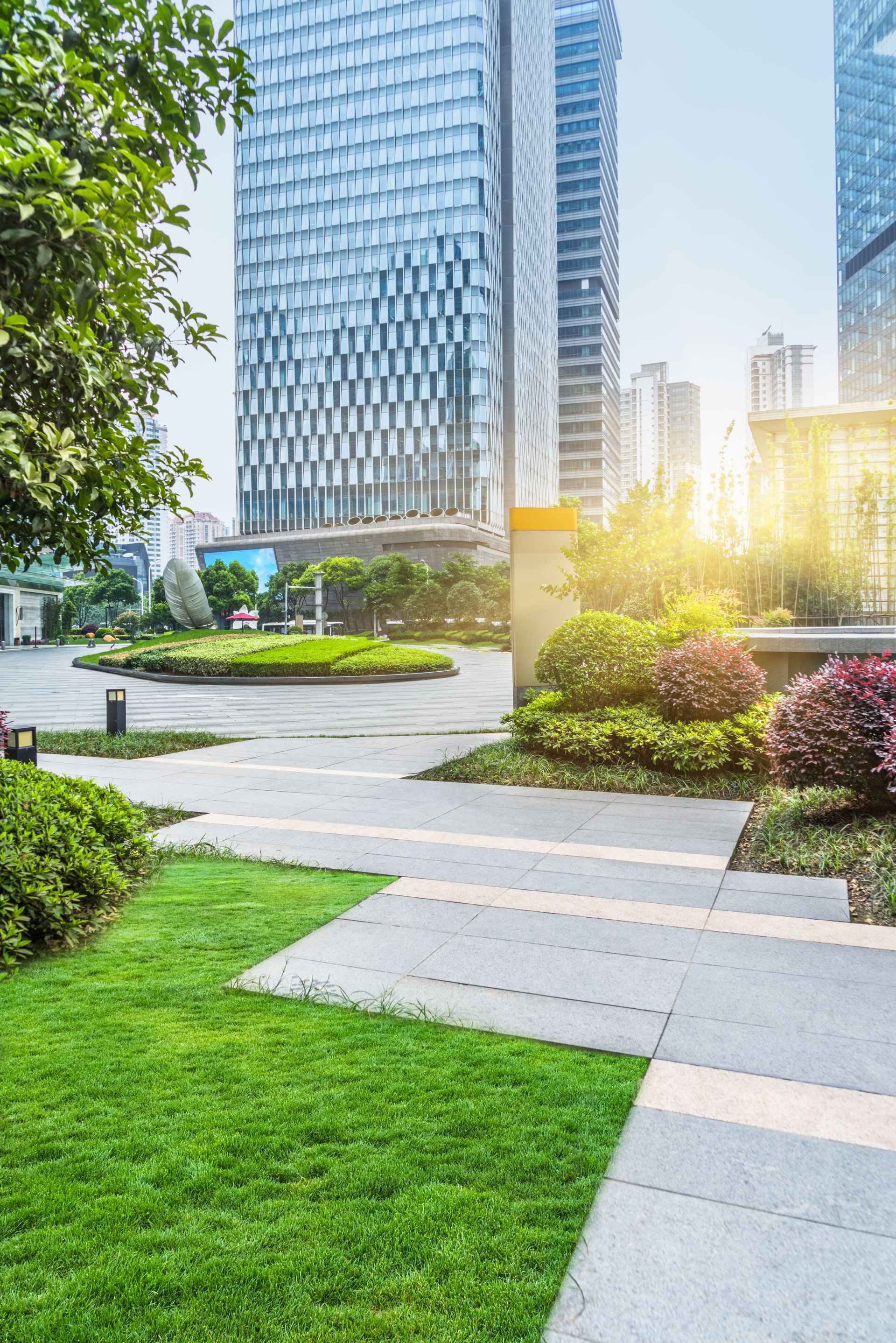 Green space with grass, paths, and landscaping. Tall buildings in the background. Bright sunlight. Green space with grass, paths, and landscaping. Tall buildings in the background. Bright sunlight.