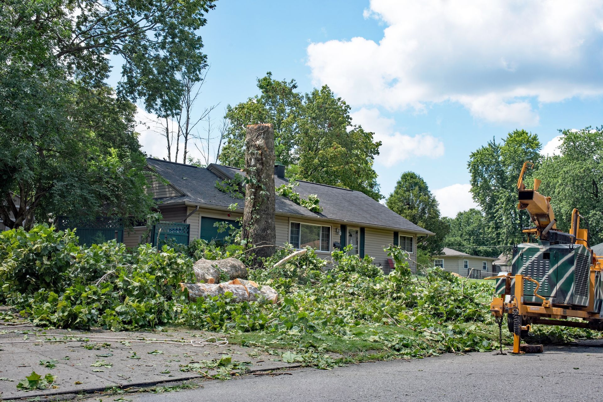 House damaged by fallen trees. Green leaves and branches strewn across the street, a wood chipper visible on the right. House damaged by fallen trees. Green leaves and branches strewn across the street, a wood chipper visible on the right.