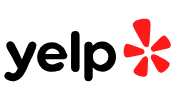 Yelp logo: Black text with a red asterisk flower.
