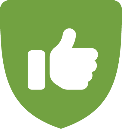 A green shield with a white thumbs up icon on it.