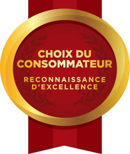 Insigne doré et rouge du Prix du Choix du Consommateur : « CHOIX DU CONSOMMATEUR » et « RECONNAISSANCE D'EXCELLENCE » sur fond rouge.