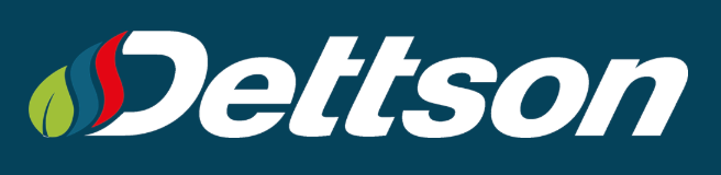 Logo de Dettson, sur fond bleu avec texte blanc. Le logo représente une feuille, une flamme et de l'eau.