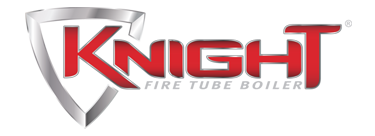 Logo de la chaudière à tubes de feu Knight en texte rouge à l'intérieur d'un écusson argenté.