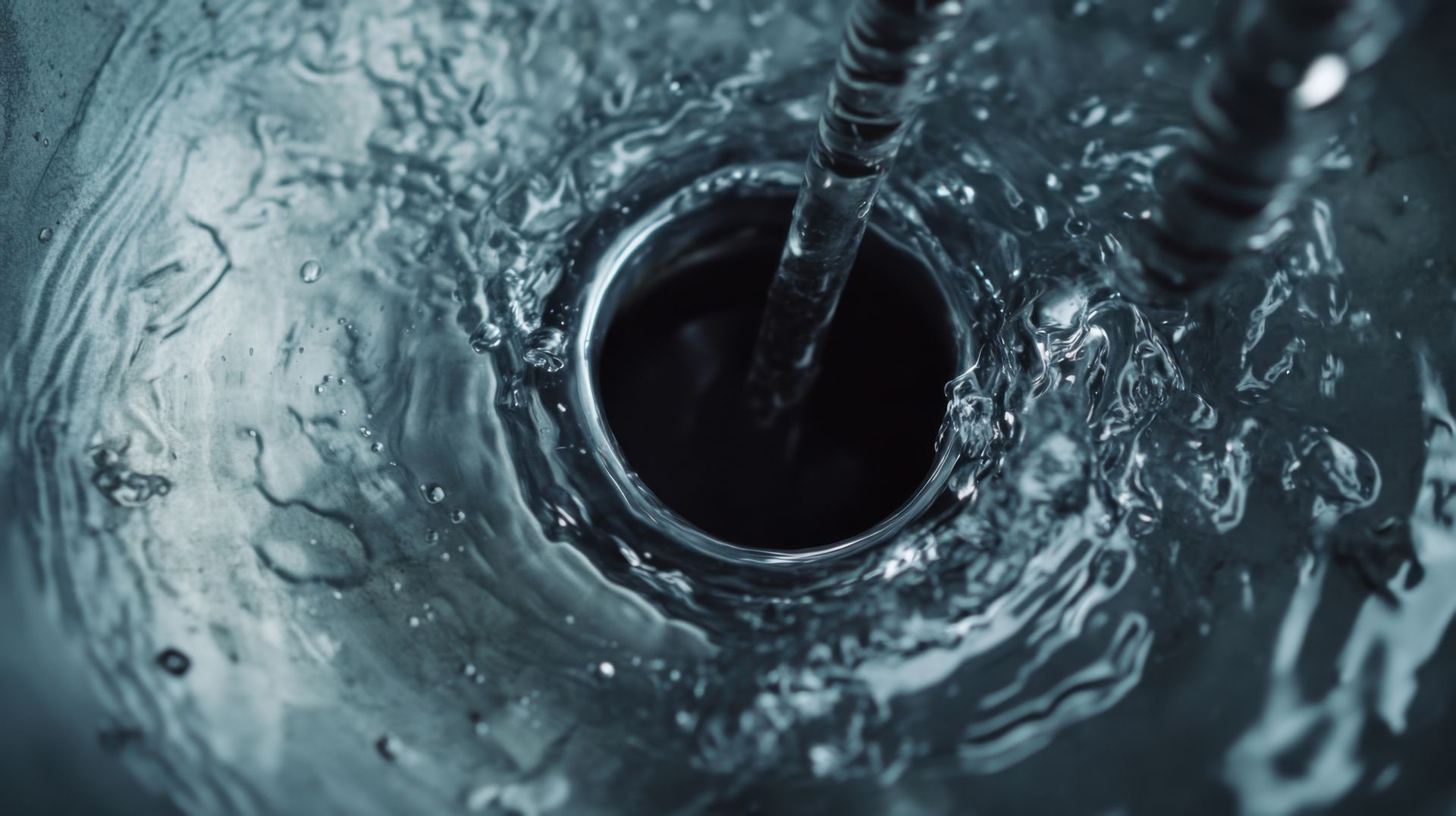 L'eau tourbillonne dans la bonde d'un évier argenté et brillant.