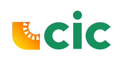 A green and yellow logo for cic with a sun in the middle.