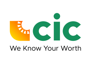 A green and yellow logo for cic with a sun in the middle.