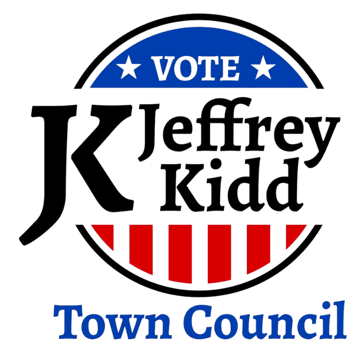 Vote for Jeffrey Kidd for Town Council; campaign logo with blue, red, and white design.