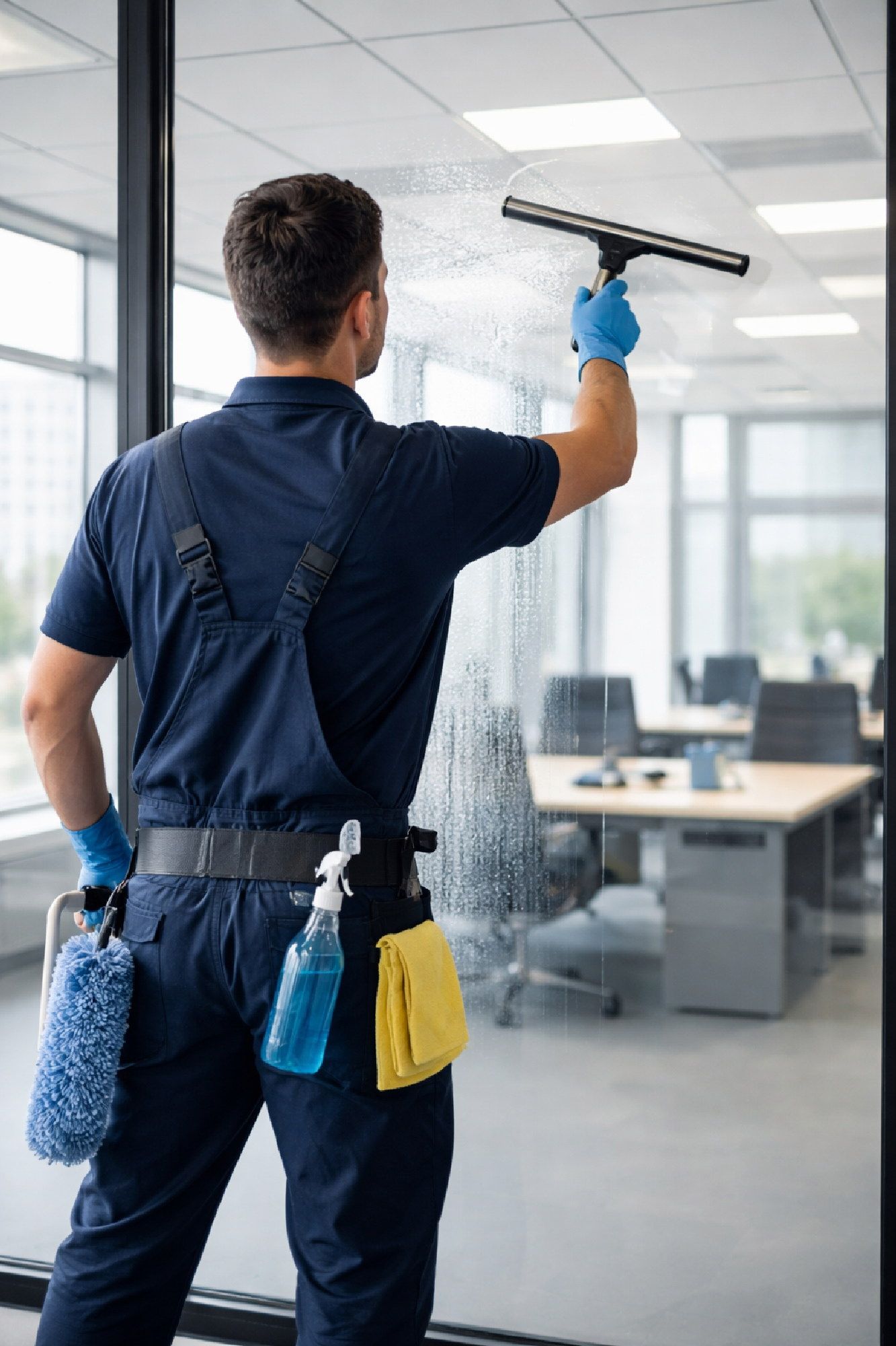 Un addetto alle pulizie professionista in uniforme blu scuro utilizza un tergivetro per pulire una parete divisoria in vetro in un moderno ufficio.