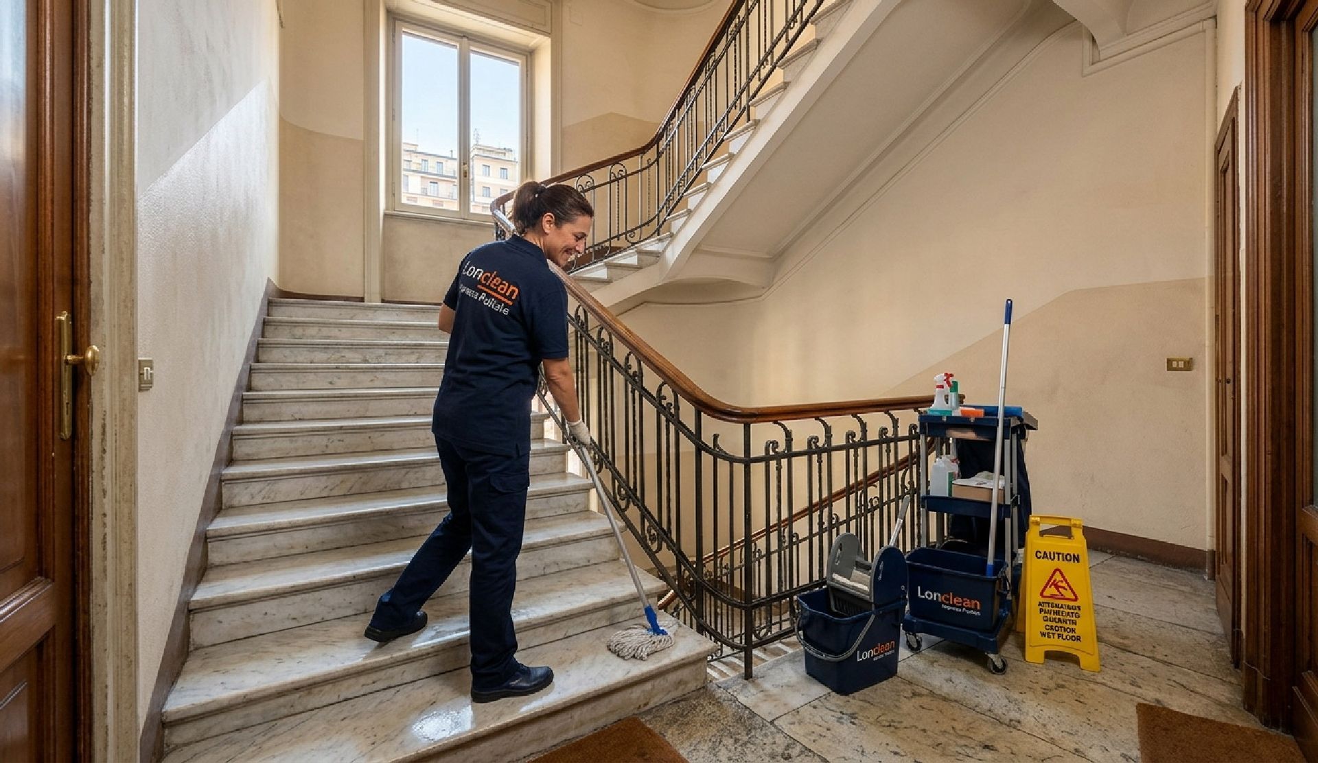 Un addetto alle pulizie professionista in uniforme scura lava i gradini di marmo di una scala interna, con l'attrezzatura per la pulizia nelle vicinanze.
