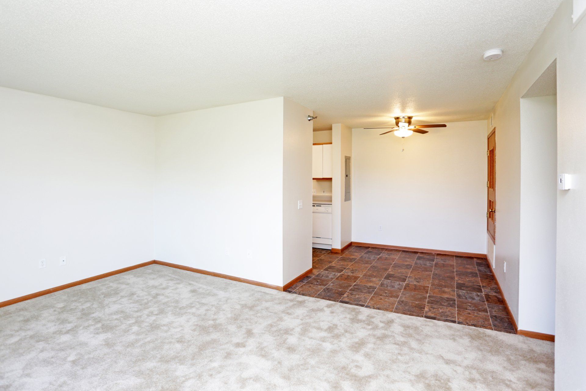 Living room view into the kitchen and hallway