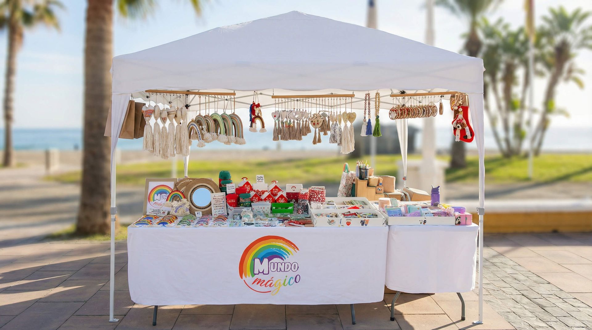 Carpa blanca con exhibición de joyas en una playa; día soleado.